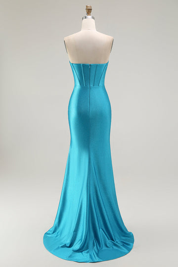 Mermaid Strapless Corset Beaded Blue Prom Dress with Ruffle Slit